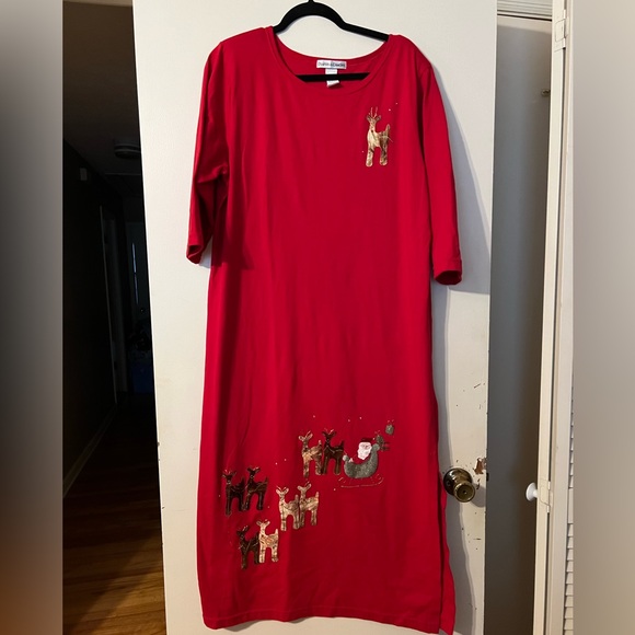 SOLD Sz L Christmas Long Red PJ Nightgown Santa Claus & Reindeer - Picture 1 of 10